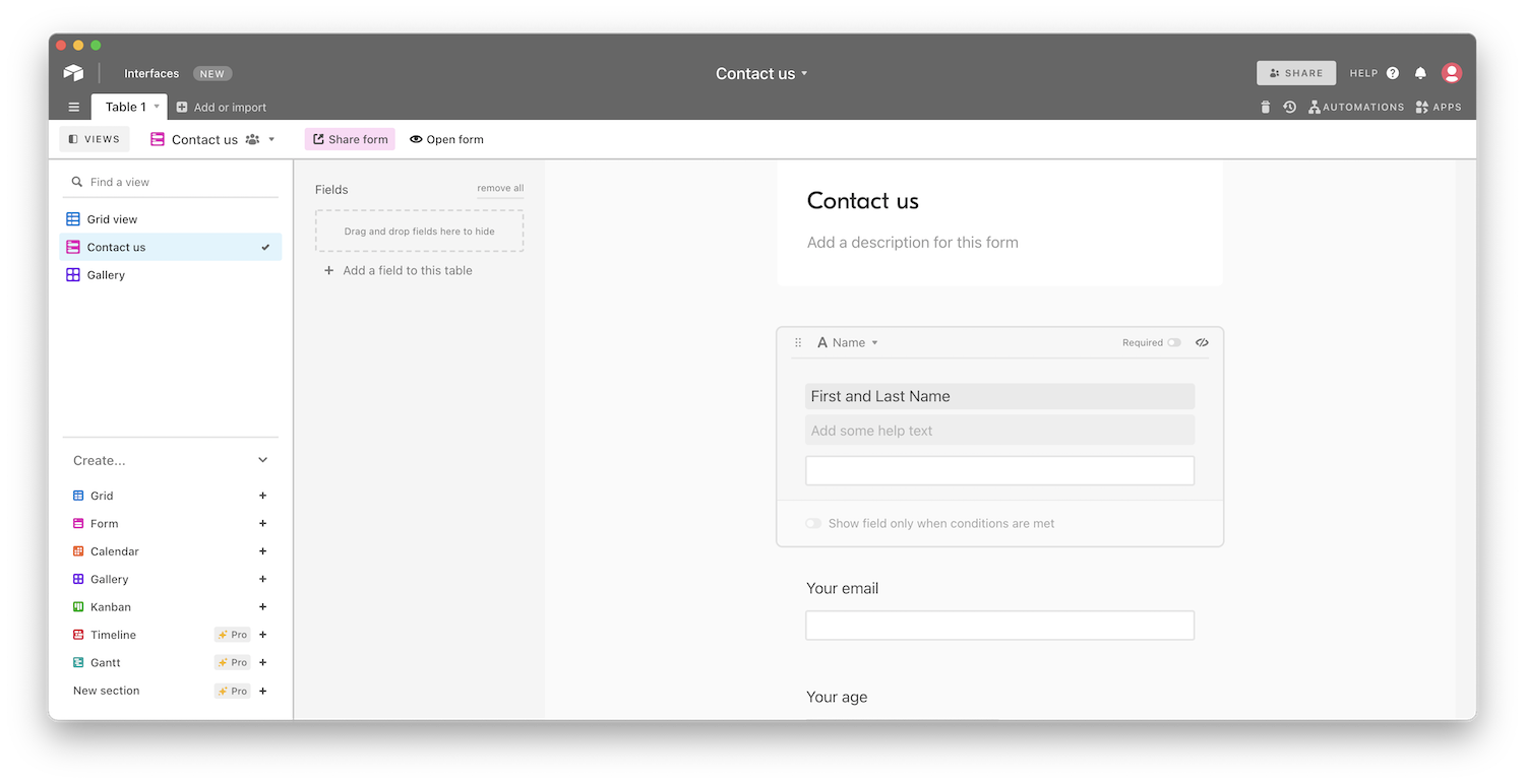 Building a form in Airtable