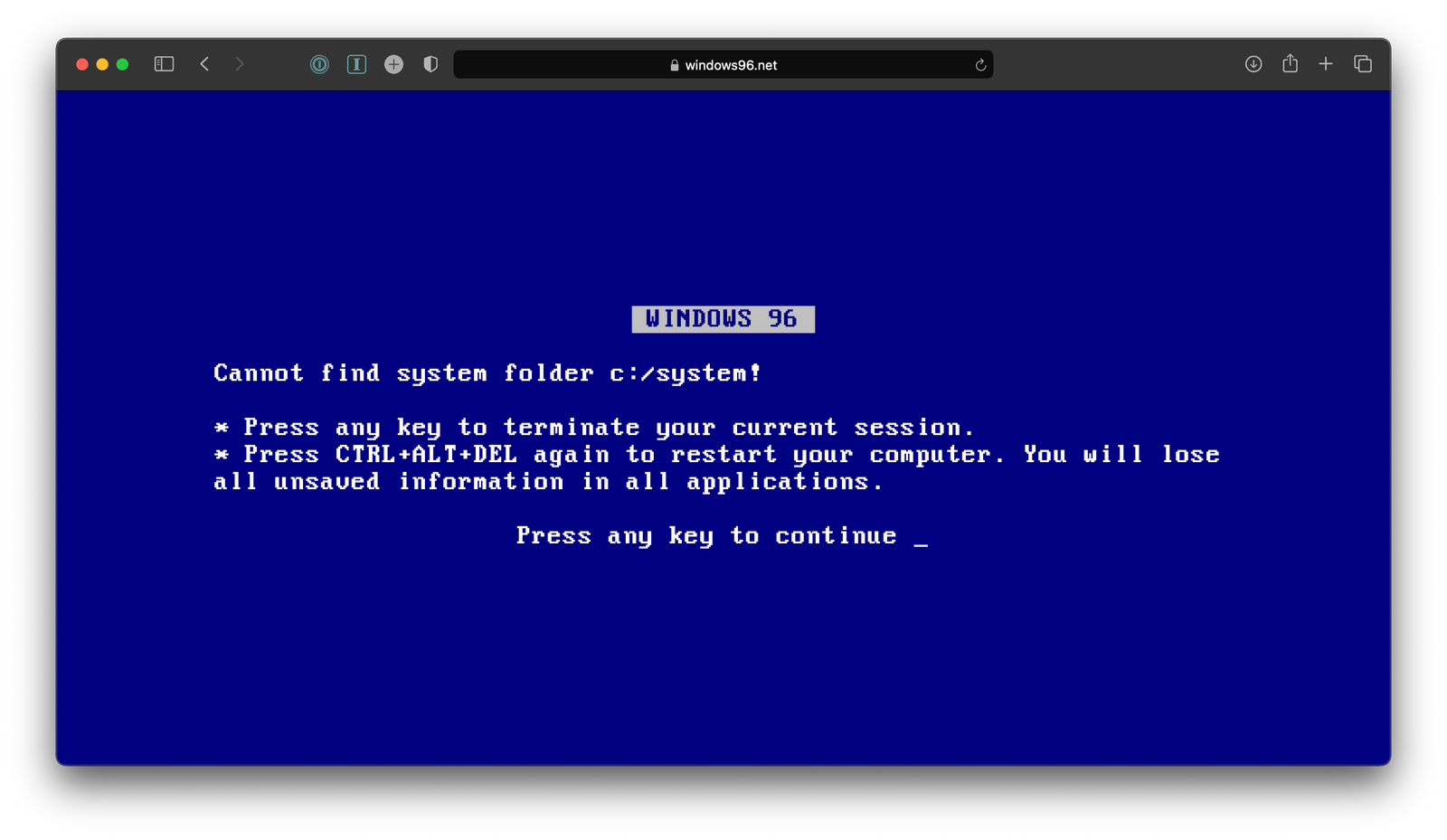 A BSOD error in Windows 96