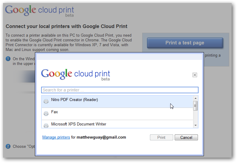 print to google cloud printer from romote laptop